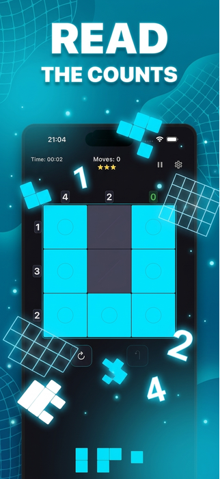 Gridzle gameplay screen showing a counts-first puzzle grid